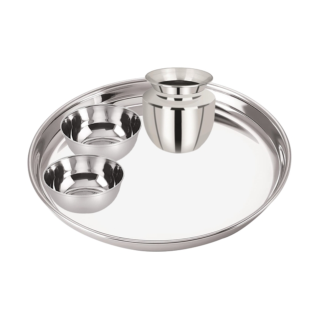 Heavy gauge Stainless Steel Dinner Set 4-Pcs. (1 Plate,/2 Bowls,Stainless Steel Water Storage/Chambu