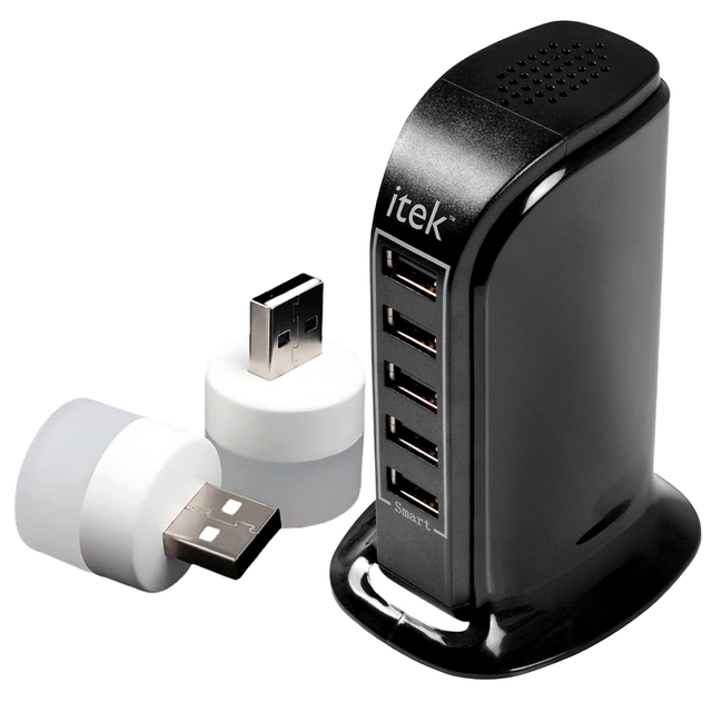 Itek WCH005 5 Port USB Desktop Wal & 2 piece Philips Portable Home USB Night Lights Combo