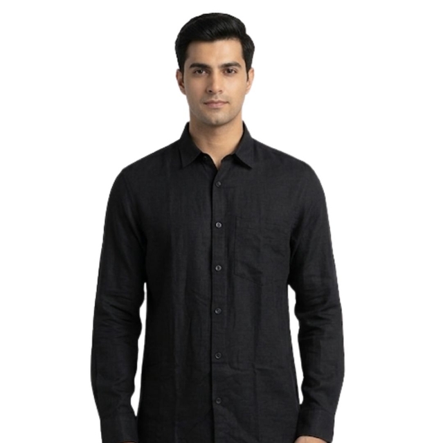 Men's Solid Black Casual Shirt Features a Spread Collar and Long Sleeves