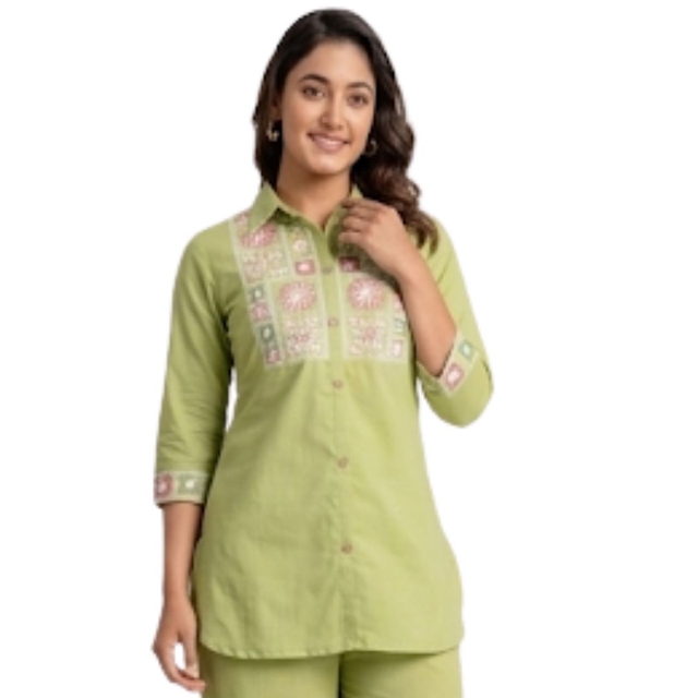 Green Floral Embroidered Shirt or Short Kurta
