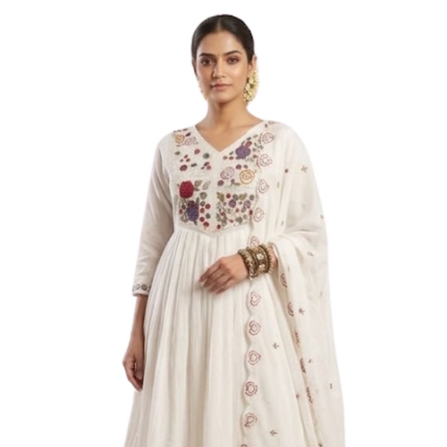 Floral Embroidered Anarkali Thread Work Kurta With Trousers & Dupatta( 3 Set Piece )