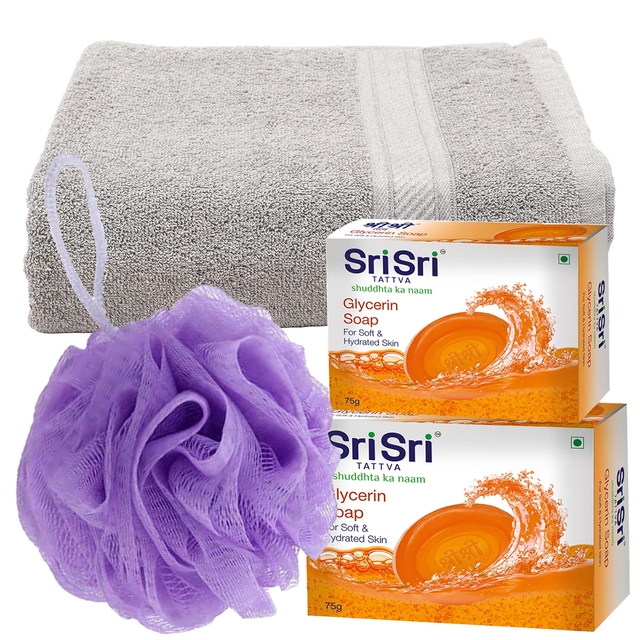Large Size Bath Towel + Kai, Bath Shower Loofah Sponge, Sri Sri Glycerin Soap [Pack of 2] Bengaluru Only