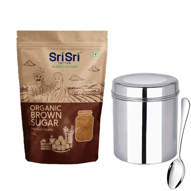 Organic Brown Sugar, 1 kg & Heavy Gauge Stainless Steel Multipurpose Mirror Polish Containers with Spoon