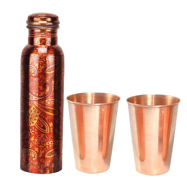 Pure Copper Water Bottle  900ml Rajasthani Design with copper Glass