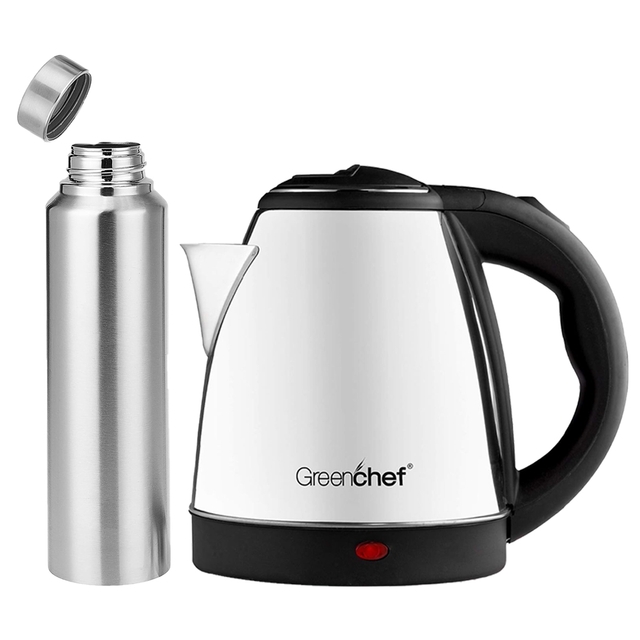 GREENCHEF Automatic Stainless Steel Electric Kettle (Silver Black),600 Watts,1.5 Liter With SmartQuick Presents Stainless Steel Water Bottle,1 litre