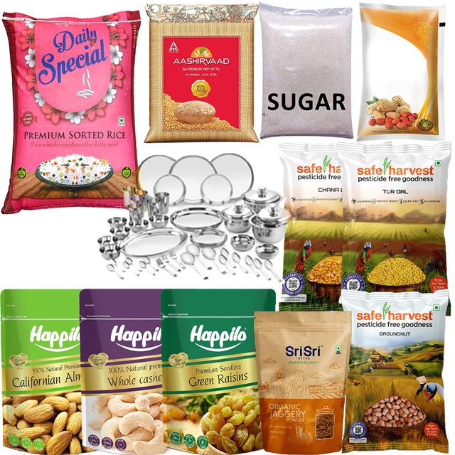SmartQucik Monthly Grocery Combo [Pack of 31]+ 65 pcs Stainless Steel Premium Set + Free Card [Bengaluru Only]