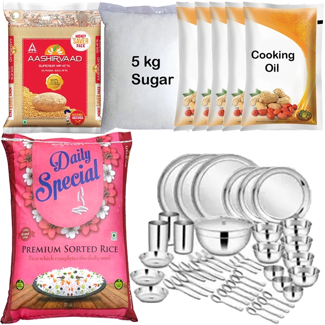 Small Grocery Combo + 45 pc Stainless Steel (Bengaluru Only) Free Delivery