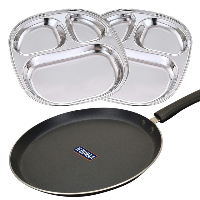 N-Duraa Non-Stick 250mm Tawa & Stainless Steel Breafast Plate [Pack of 2]