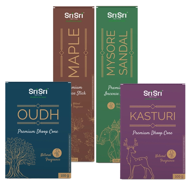 Sri Sri Mysore Sandal & Maple - Premium Incense Sticks 225 g & Sri Sri Kasturi & Ouch Premium Dhoop Cone 100gm [Pack of 4]