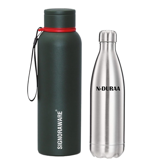Signoraware Parkour Vacuum Insulated Flask Steel Water Bottle - 900 ml & N- DURAA Steel Hot and Cold Water Bottle 500 Ml