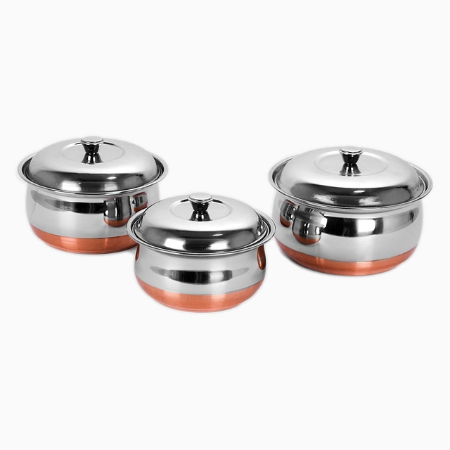 SQ Exclusive  Stainless Steel 3 Pieces Handi Pot Set, 1.1 Liters, 1.3 Liters, 1.7 Liters, 3 Piece (White, Polished)