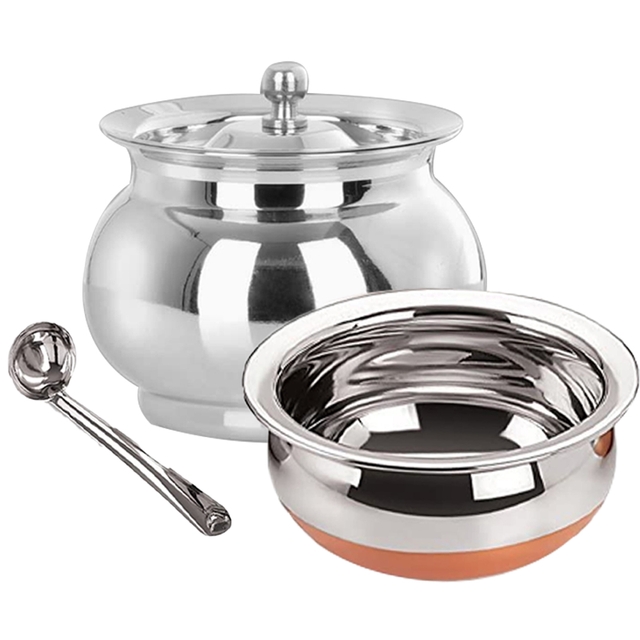Stainless Steel Serving Bowl/Handi Set with Copper Bottom & Stainless Steel Ghee Pot/Jar With Spoon