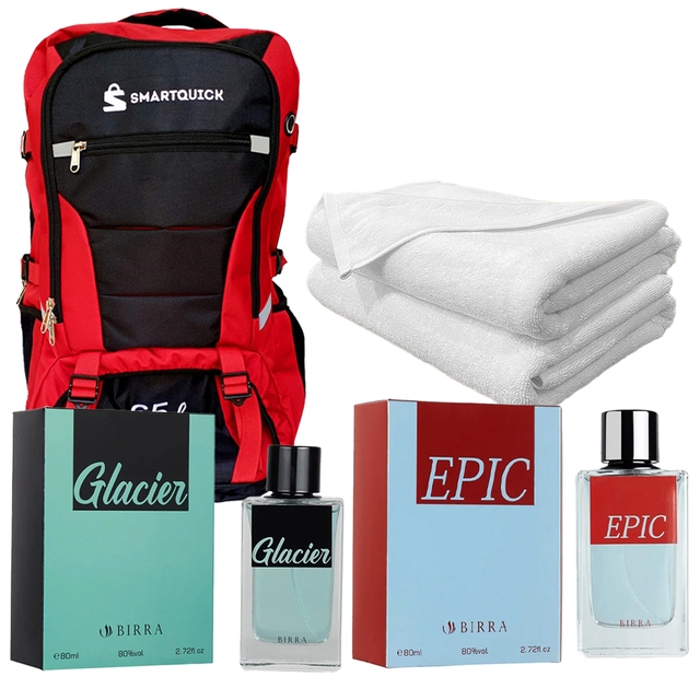 SmartQuick Premium 65 litres, Trekking Bag + Birra  Glacier Perfume - 80ml + Birra Epic - 80 ml + Bath Towel - 2 pcs + Free Card