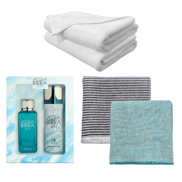 Linen Shirting Fabrics - 2 pcs  + Bath Towel - 2 pcs + Acqua Birra {Gift pack - Body Spray - 1 pc & Perfume - 1 pc] + Free Card