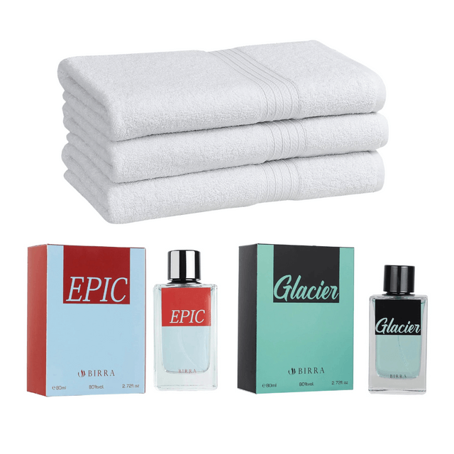 Ex- 100% Pure Cotton White Bath Towel set of 3, Birra EDP 80ml- Premium Perfume set of 2 + Free Card