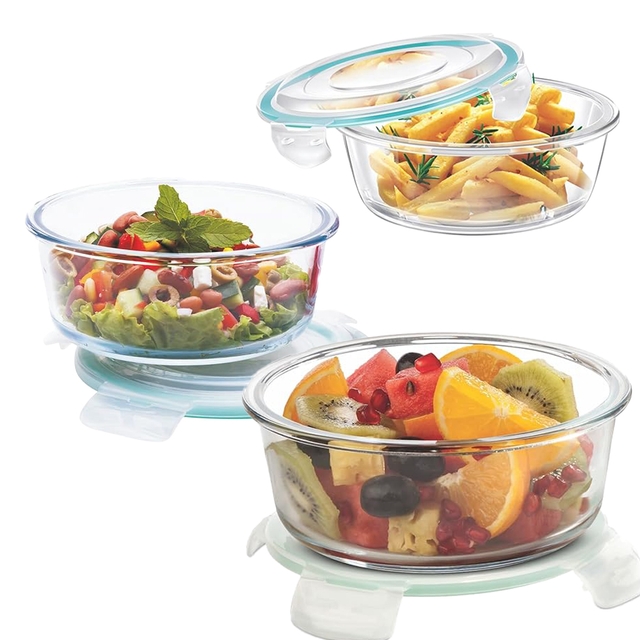 Signoraware Lock N Store Glass Container Round [Pack of 3] - 400 ml/950 ml/1750 ml
