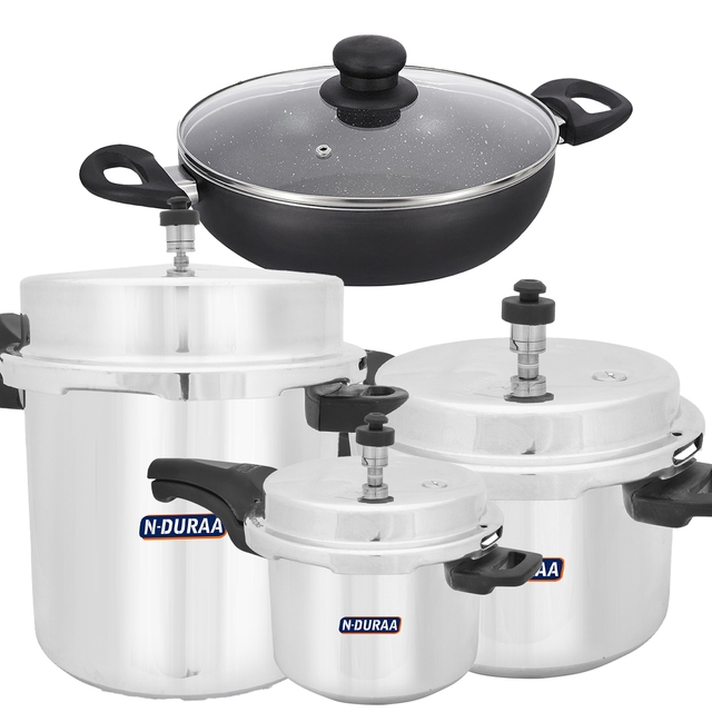 N-Dura Aluminium Cooker [Pack of 3] - 3 Ltrs/5 Ltrs/12 Ltrs + N-Duraa Premium Non-Stick Jumbo Kadai With Glass Lid + Free Card