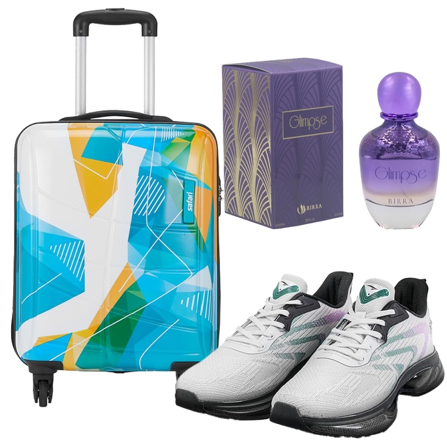 Safari Trolley Bag + Mens Asia Shoes - PowerPlay - 14 [White/Black] + Birra Glimpse Perfume - 100 ml + Free Card
