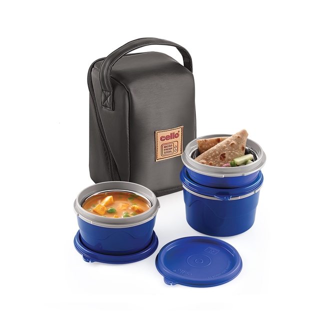 CELLO Max Fresh Micro Insulated Lunch Box | Stainless Steel Inner | 3 Container with Leather Carry Pouch | Lunch Pack for Office & School, College Use | 3 Units