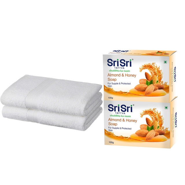100% Cotton Bath Towel Pack of 2 , Large Size , Super Soft Bath Towels Men & Women,& Sri Sri Tattva Almond Honey Soap,100g Pack of 2