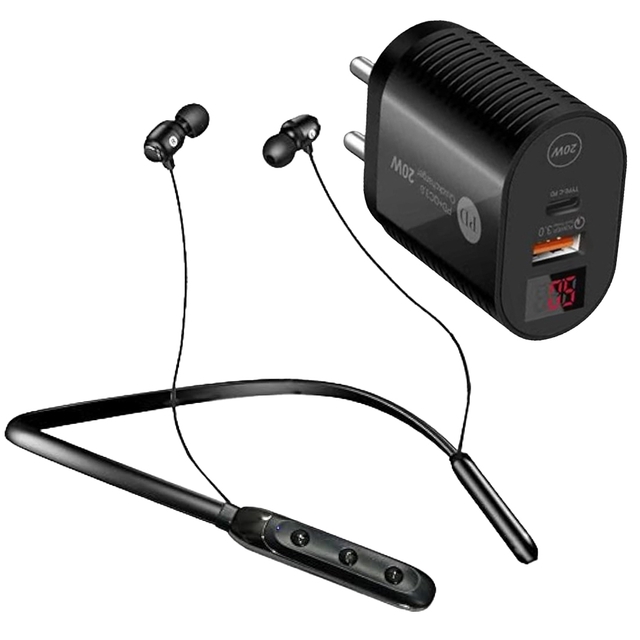 IVON Metal Head Bluetooth in-Ear Neckband with Quick Charge IV - BT 105 With IVON 20W PD + 3.4A USB Wall Charger Adapter Combo