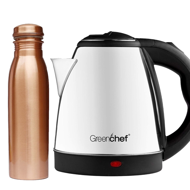 GREENCHEF Automatic Stainless Steel Electric Kettle (Silver Black,1.5L),600 Watts,1.5 Liter With Copper Bottle, 900ml,Combo
