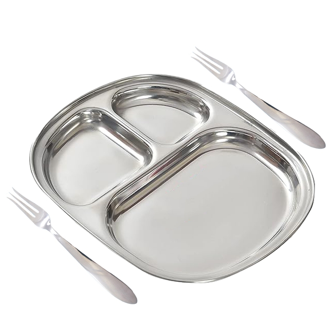 N - duraa Stainless Steel 3 in 1 Idli Wada Compartment plate/Snack Plate/Breakfast Plate 1Pc, Plate & 2pc pork Spoon