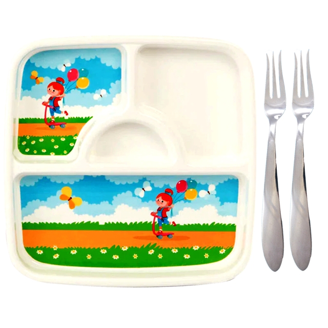 Cartoon Faced Fancy Plastic Tiffin Plate for Kids and Fork Spoon (Pack of 3)