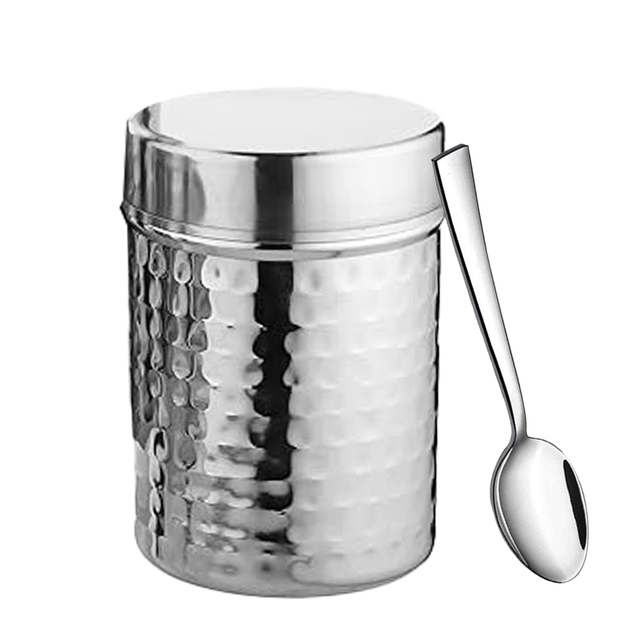 Stainless Steel Multipurpose Hammered Design Canister With Spoon (Set of 2pc)