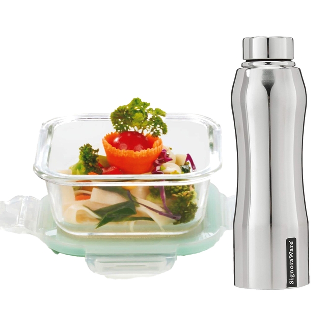 SignoraWare Lock 'N' Store Square 520ml and Signoraware Stainless Steel Fridge Water Bottle Matte Finish, 750ml/30mm, Silver