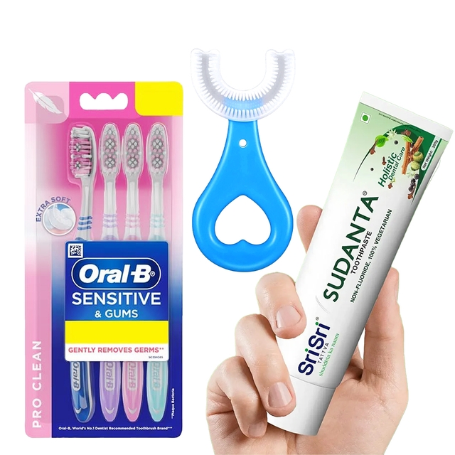 Sensodyne Toothbrush 4 pieces And Sri sri Toothpast & 3 PC Children U Shape Toothbrush for Kids Baby 2-12 Years Old (Pack of 5)
