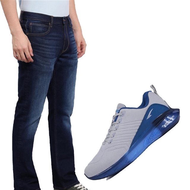 Moulty Men Regular Jeans (Dark Blue)With ASIAN Men's Crystal-13 Sports,Gym,Running Shoes (Grey,)