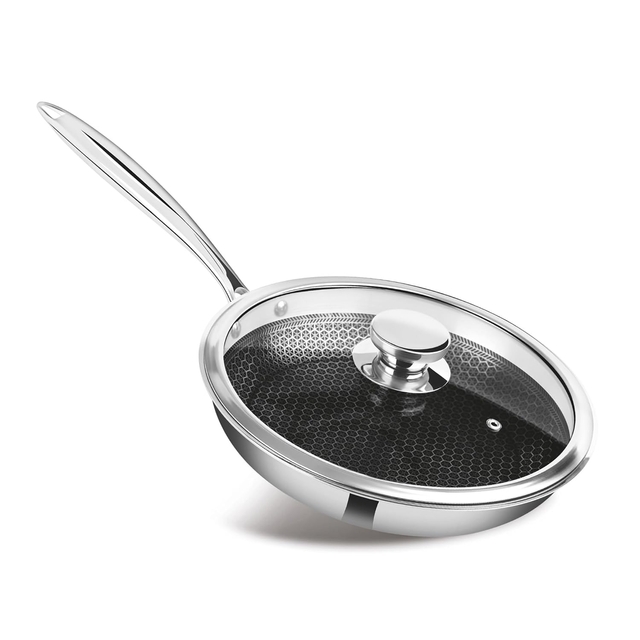 N-Duraa Triply  Induction and Gas Friendly Stainless Steel Honey combo Fry Pan 240mm Fry Pan with Glass Lid I 2 Year Warranty