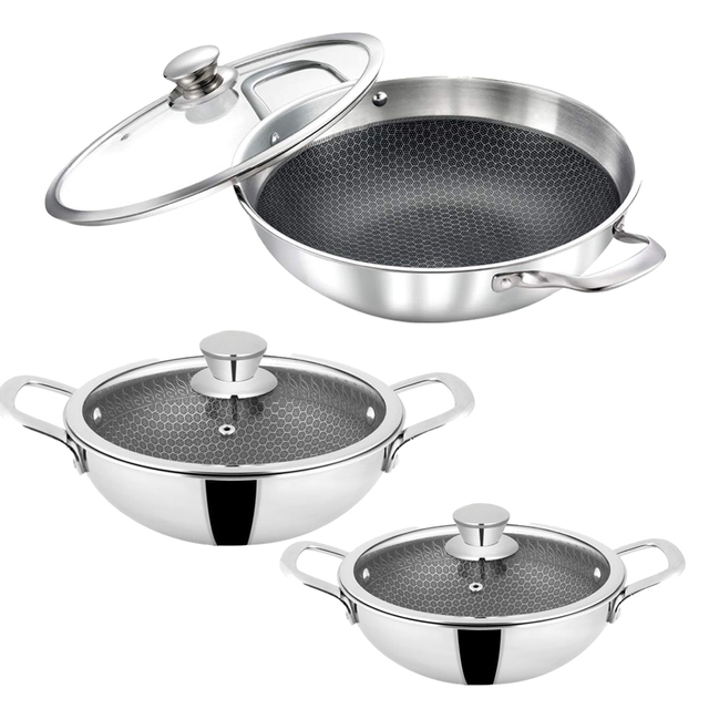 N-Duraa Triply Stainless Steel Honey Comb Surface Kadai Set of 3 with Glass Lid (220mm, 240mm, 260mm) + Free Card