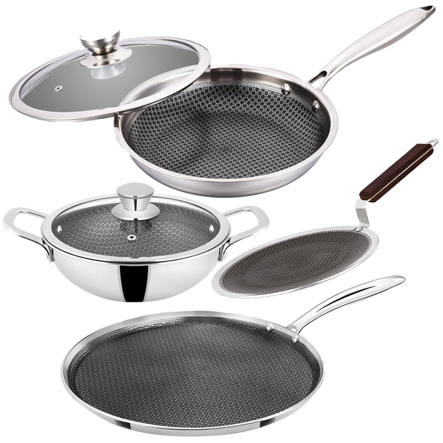 N-Duraa Triply Stainless Steel Honey Comb Set of 4 with Glass Lid (Fry Pan 220 MM + Kadai 240 MM + Concave tawa 250mm  + Dosa Tawa 290mm ) + Free Card
