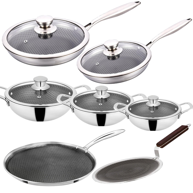 N-Duraa Triply Stainless Steel Honey Comb Set of 7 with Glass Lid (Fry Pan 220 MM + Fry Pan 240  + Kadai 220 MM + Kadi 240mm + Kadi 260mm  + Concave tawa 250mm  + Dosa Tawa 290mm )