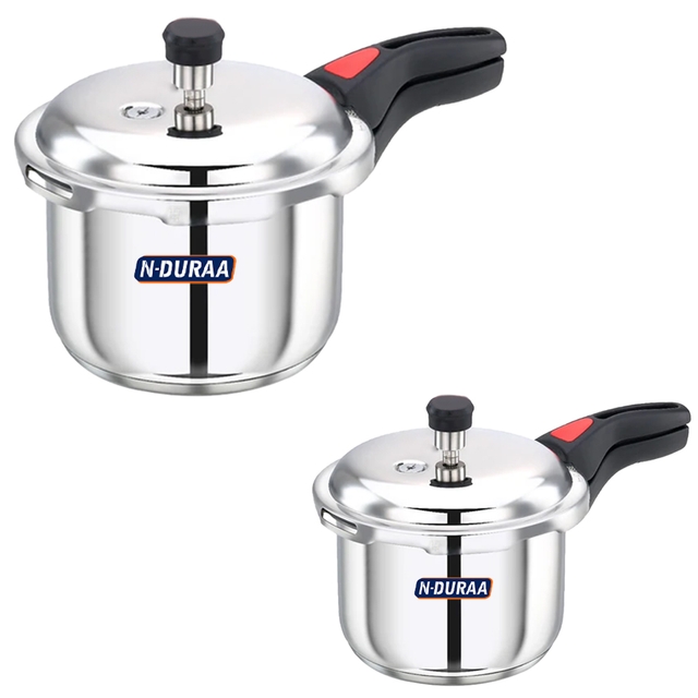 N-Duraa Stainless Steel Pressure Cooker with Outer Lid  Combo 5ltr and 2ltr