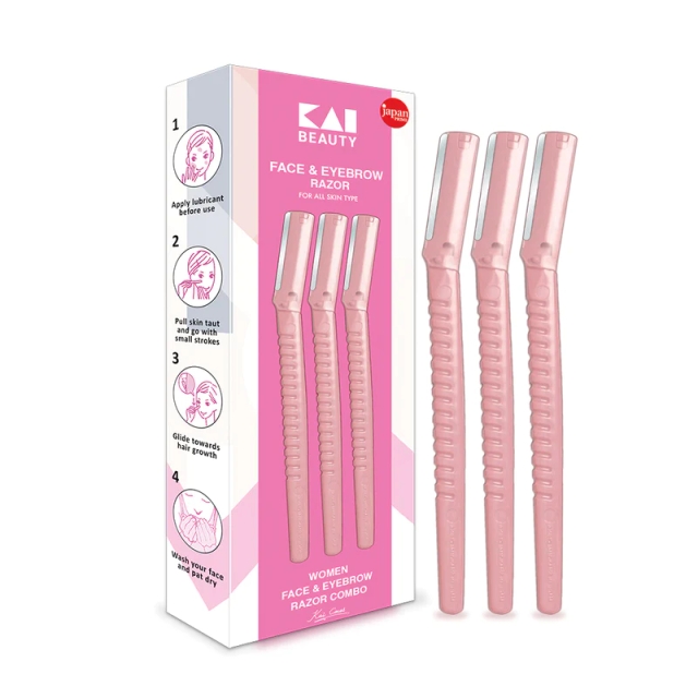Kai Face & Eyebrow Razor For Women, Pack of 3 (Chromium Coated Stainless Steel)