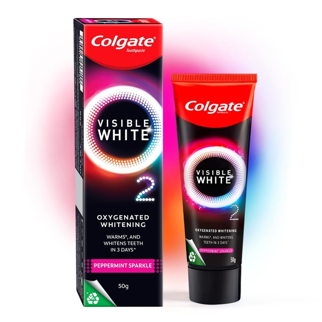 Colgate Visible White O2, Teeth Whitening Toothpaste (50g) for noticeably whiter teeth starting in 3 days. Peppermint Sparkle with Active Technology, Enamel Safe Teeth Whitening