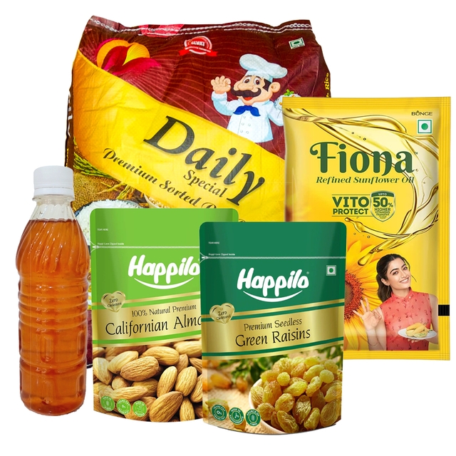 Daily Special Sorted Rice - 10 kg + Oil - 2 Ltrs +  Pure Malnad Honey - 1000 ml + Happilo Natural Almonds - 500 gms + Happilo Green Raisins - 500 gms