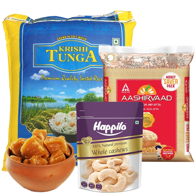 Krishi Tunga Rice - 10 kg + Aashirvaad Atta - 5 kg + Pure Organic Jaggery - 2 kg + Happilo Cashews - 500 gms
