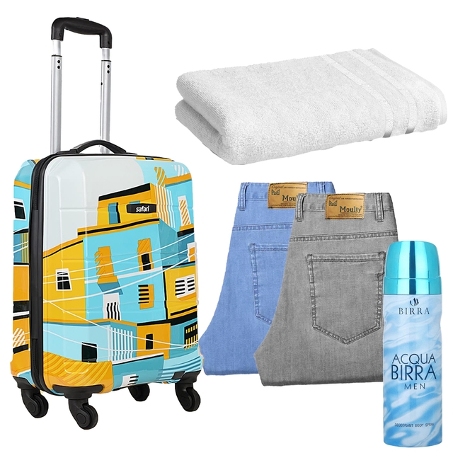 Safari Trolley Bag + Moulty Men Regular Jeans  2 Pcs+ Cotton Bath Towel 1 Pcs + Birra Acqua Perfume - 200ml