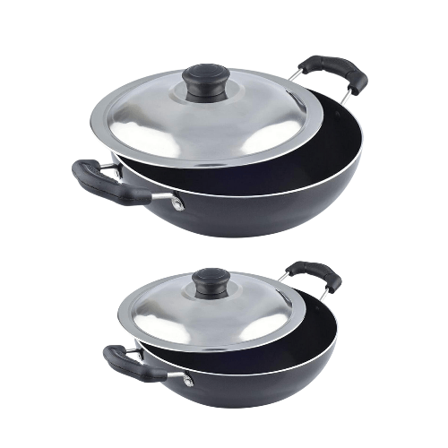 N-DURAA  Non-Stick Kadai with SS Lid, Set of  4 pc Medium & Small