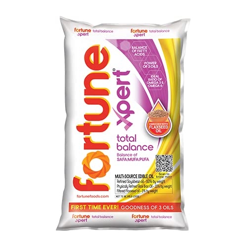 Fortune Xpert Total Balance Oil | Blend of Rice Bran, Soyabean & Flaxseed Oil | Balance of Fats & Omega 3 :Omega 6 | 1L Pouch