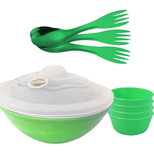 Serving Bowl Light Weight Salad Bowl with Plastic lid Mixing Bowl & 2 in 1 Spoons With Cups