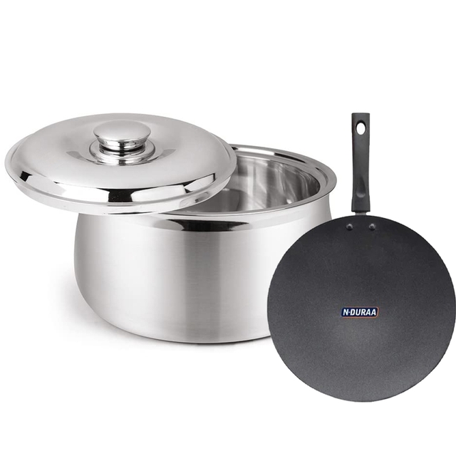 Stainless Steel Classy Casserole 4 LTR With N-Duraa Non-Stick Concave Tawa  28CM