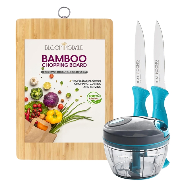 Bamboo Wooden Cutting Board for Slicing & Kitchen Chopping Board & Kai Hocho Kitchen Knife 2 piece Medium Size With Signoraware Vegetable Chopper,