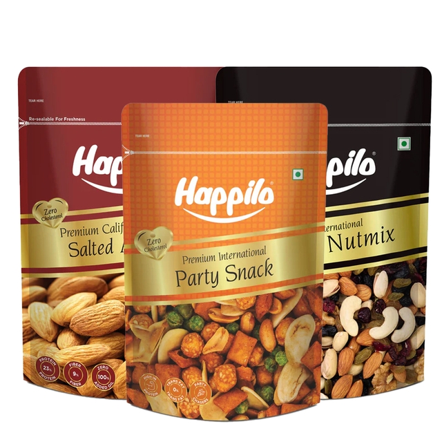 Happilo Premium Dry Fruits Combo (Pack of 3) Salted Almonds - 200 gms + Party Snack - 200 gms + Healthy Nutmix - 200 gms +