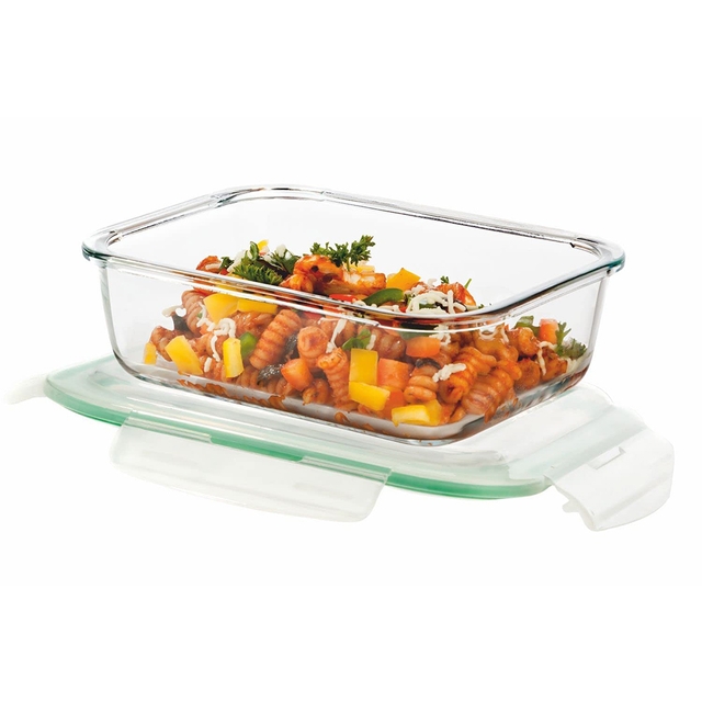 SignoraWare Lock 'N' Store Rectangle High Microwave Oven Borosilicate Safe Glass Container with Air Tight Lid | Multipurpose Jar Box (640ml, Transparent, Food Grade)