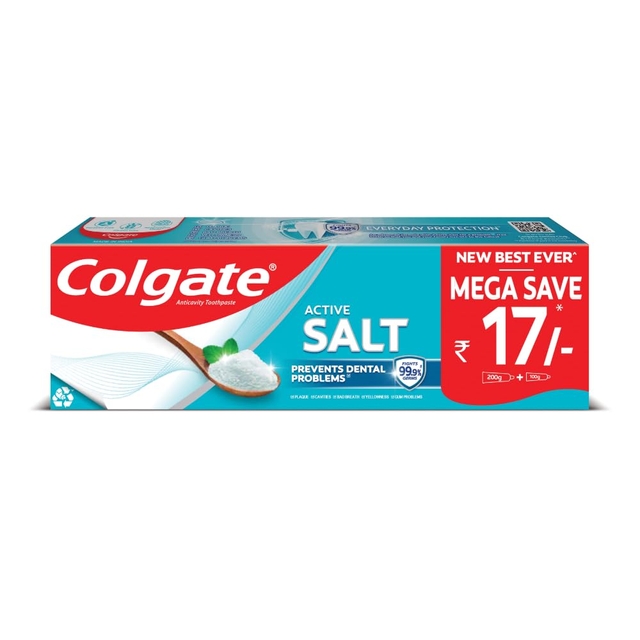 Colgate Active Salt 300g (200g + 100g , Pack of 2) Toothpaste, Daily Germ Protection, Toothpaste with Salt and Mint, Healthy Gums & Teeth,